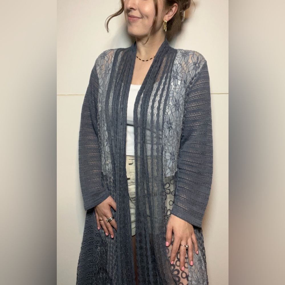 Boho Lace Cardigan Duster Sheer Layering Top Lagenlook Gray XL